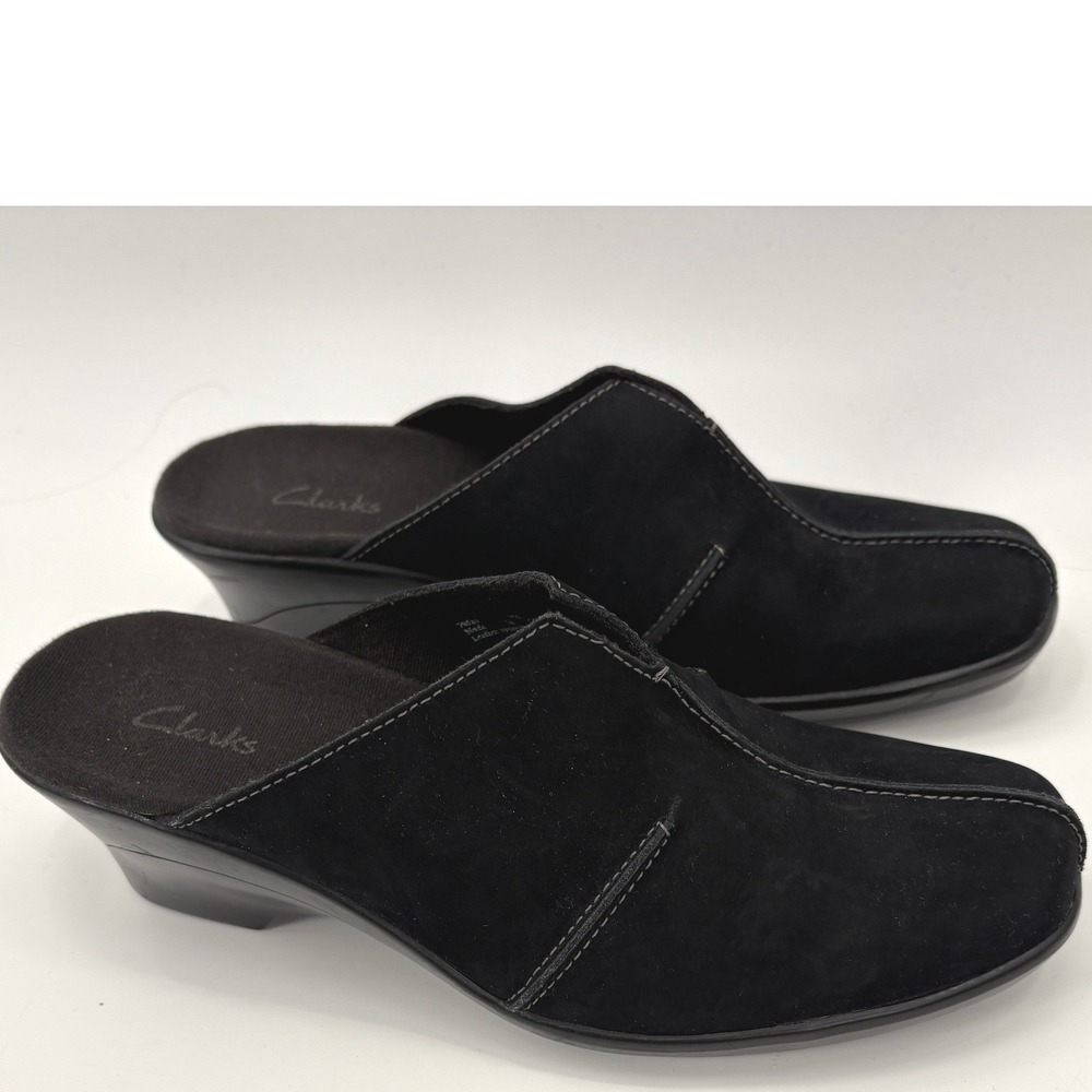 Clarks Womens Black Suede Wedge Mules Square Toe Slip On Comfort Shoes Size 7M